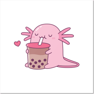 Chubby Axolotl Enjoys Bubble Tea Posters and Art